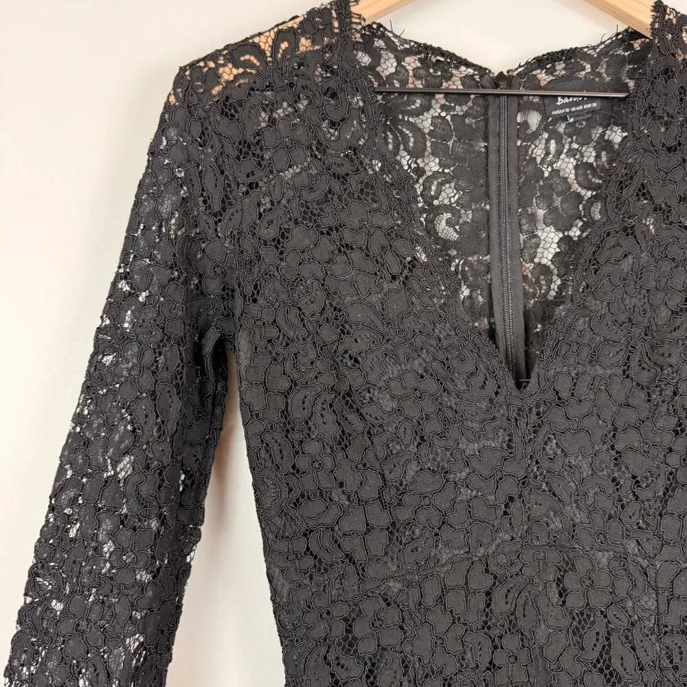 Bardot Dress Women 6 Black Floral Crochet Lace Zip Back V-Neck Long Sleeve Party